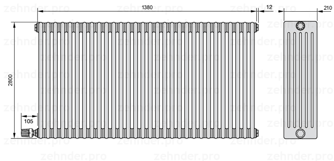 Схема (чертеж) Радиатор Zehnder Charleston 6280/30 №V004 Белый глянцевый RAL 9016